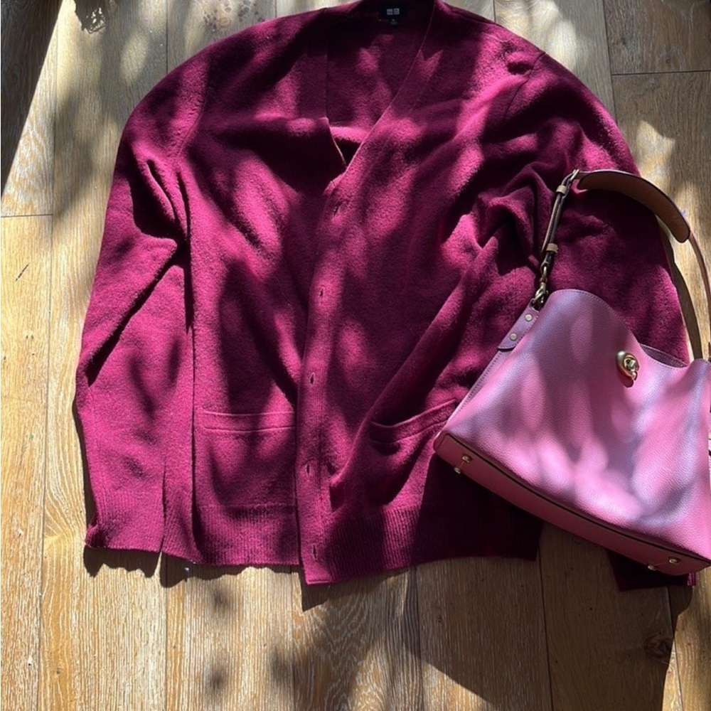 Uniqlo cardigan burgundy, cranberry color, cherry red, red wine XL wool